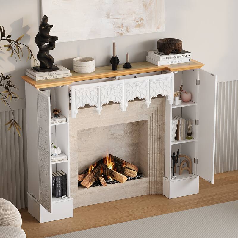 Solid Pine Wood Fireplace Mantel Cabinet with Hidden Storage – White Decorative Console