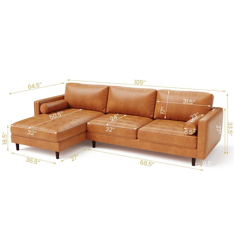 Costway 105'' Air Leather L-Shaped Sectional Sofa w/ Chaise Lounge & 2 - 105'' x 64.5'' x 33.5''