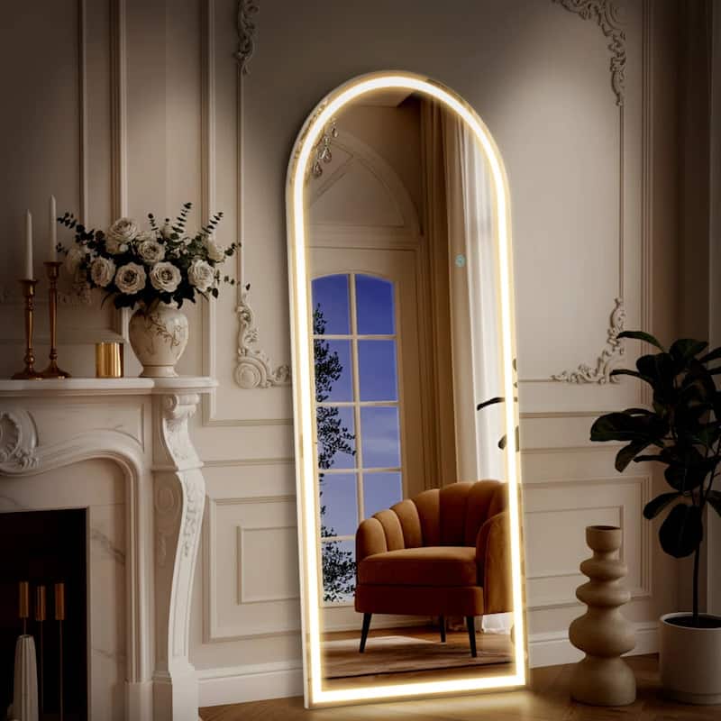 Arched Full Length Mirror with LED Lights, 26"x71" Lighted Floor Mirror with Dimming & 3 Color Lighting, Stand