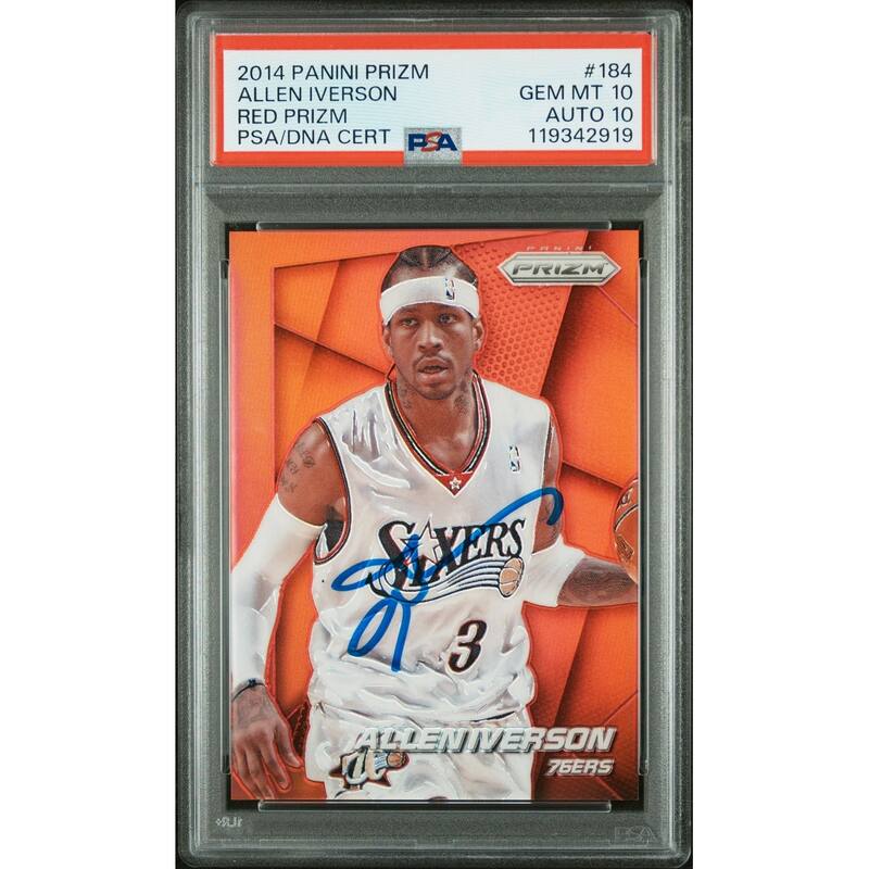 Allen Iverson 2014 Panini Red Prizm Signed Basketball Card #184 Graded PSA 10 Auto 10 17/49 Cert # 119342919 - 8' x 11'