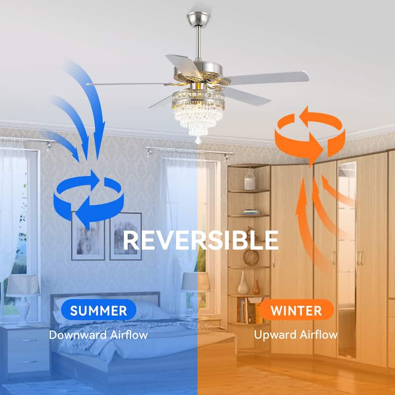 52 Inches Crystal Ceiling Fan Light,Chandelier,APP and Remote Control,5 Dual Side Plywood Blades,Reversible AC Motor - 52 Inches