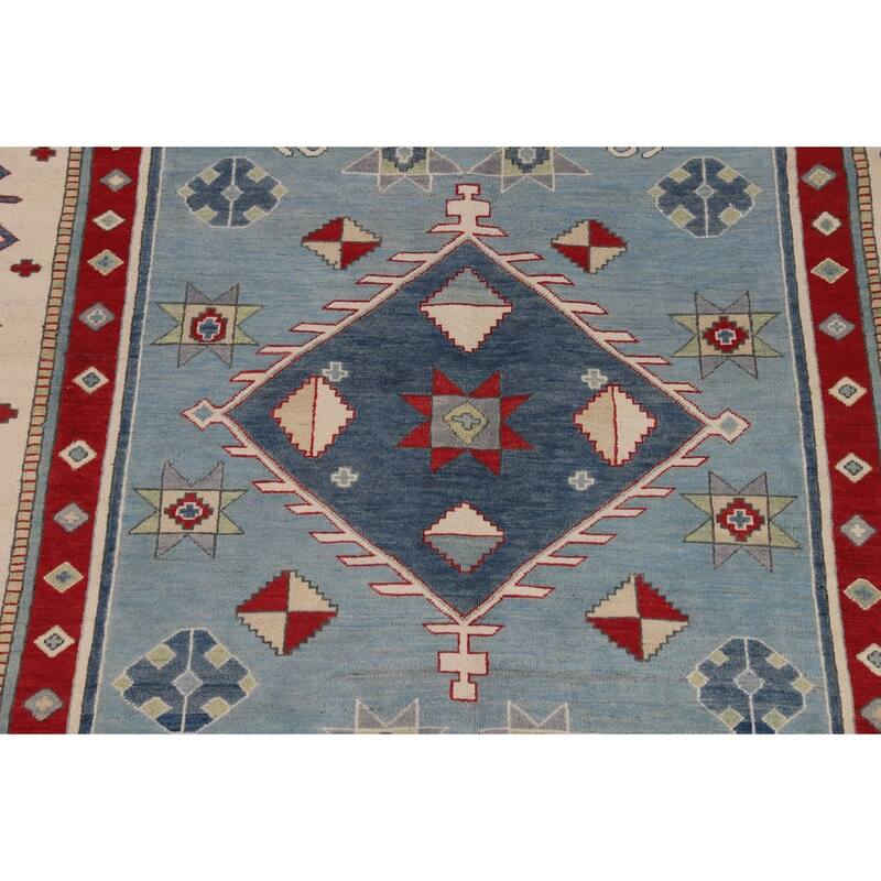 Light Blue Geometric Kazak Area Rug Living Room Handmade Wool Carpet - 6'4" x 9'10"