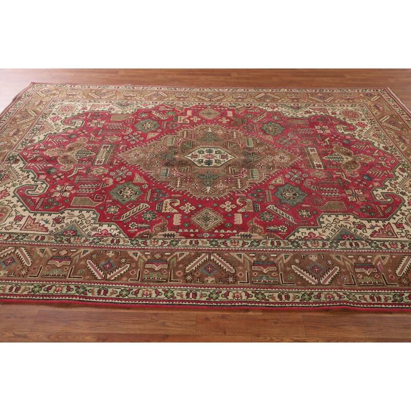Geometric Pink Tabriz Persian Vintage Rug Hand-Knotted Wool Carpet - 6'7"x 9'9"
