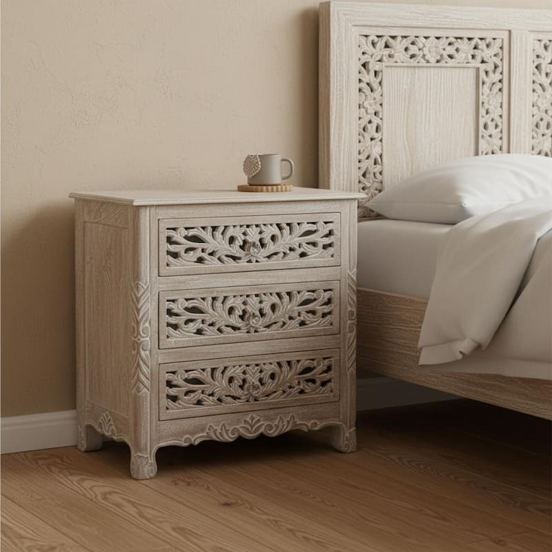 HomeRoots 30" Distressed Gray Three Drawer Floral Carved Solid Wood Nightstand - Beige - 3-drawer
