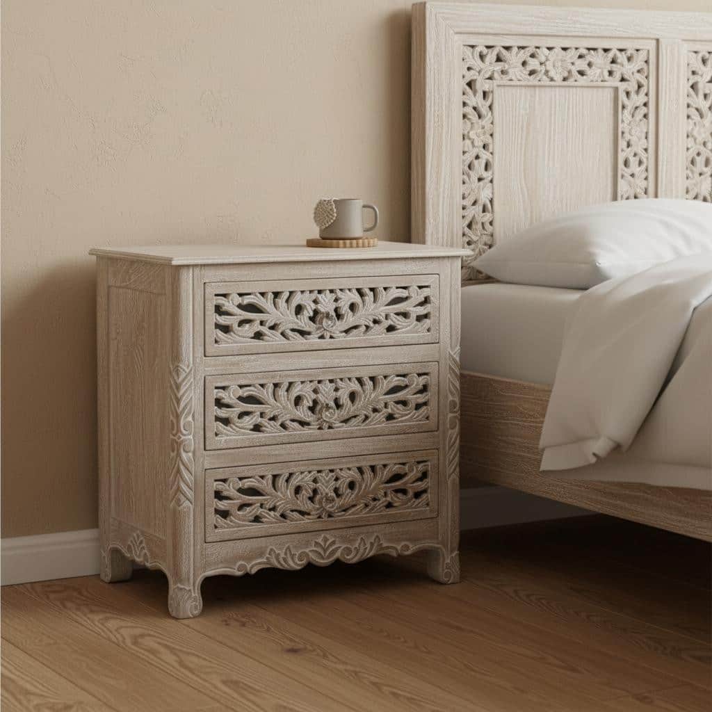 HomeRoots 30" Distressed Gray Three Drawer Floral Carved Solid Wood Nightstand