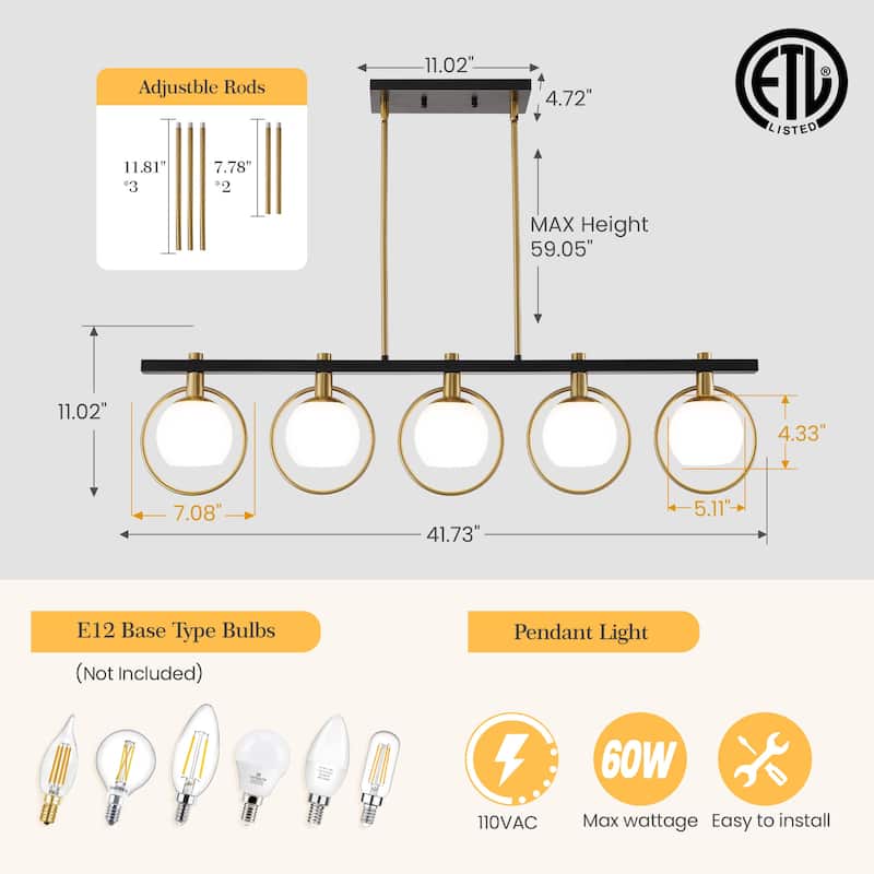 41 Inch Chandelier Light Fixture with Milk Glass Shade -- 5-light