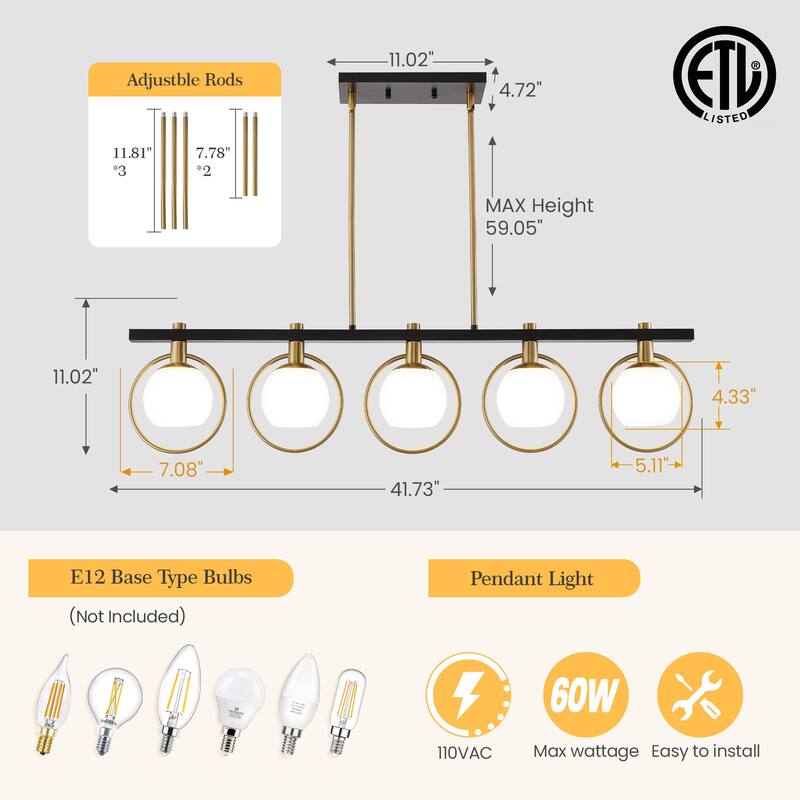 Modern 5-Light Linear Chandelier with Glass Shape
