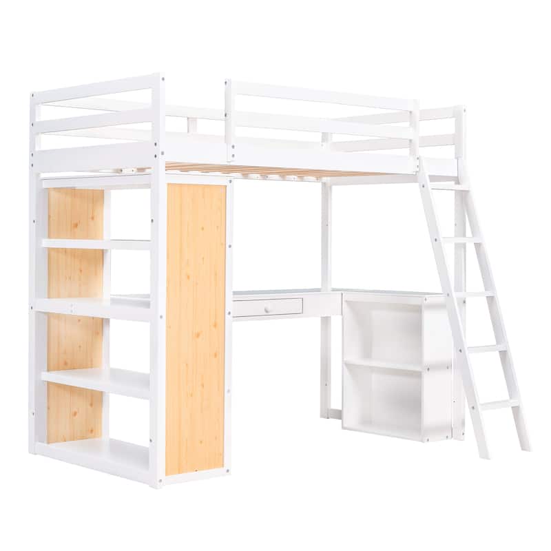 Twin Size Loft Bed with Ladder, Shelves, and Desk