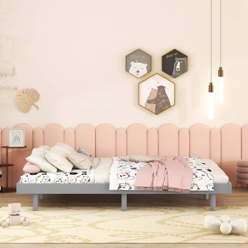 Modern Floating Platform Bed Frame with Slats, Grey - No Box Spring Needed