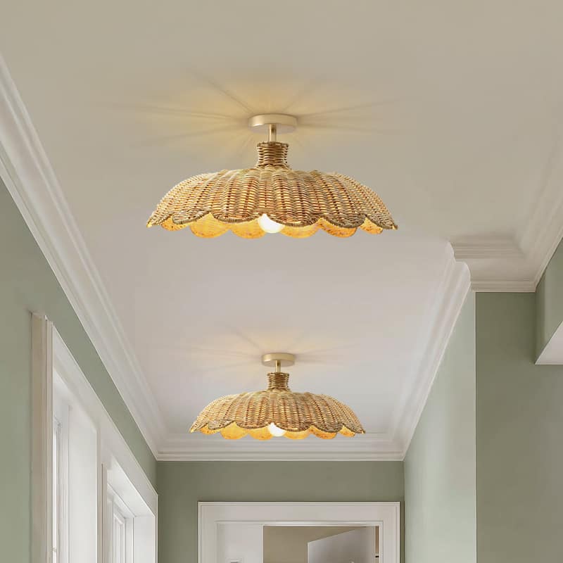 Aurelia Rattan Flush Mount - Rattan Natural 1-Light Handwoven Ceiling Light for Dining Room or Living Room in Modern, Boho Style