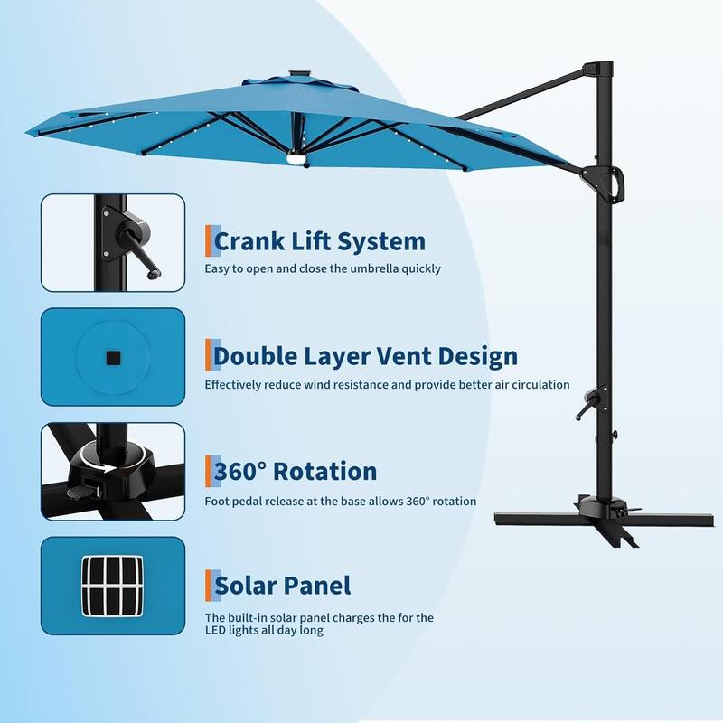 10FT Cantilever Patio Umbrella with Solar Lights, 360° Rotation Offset Umbrella