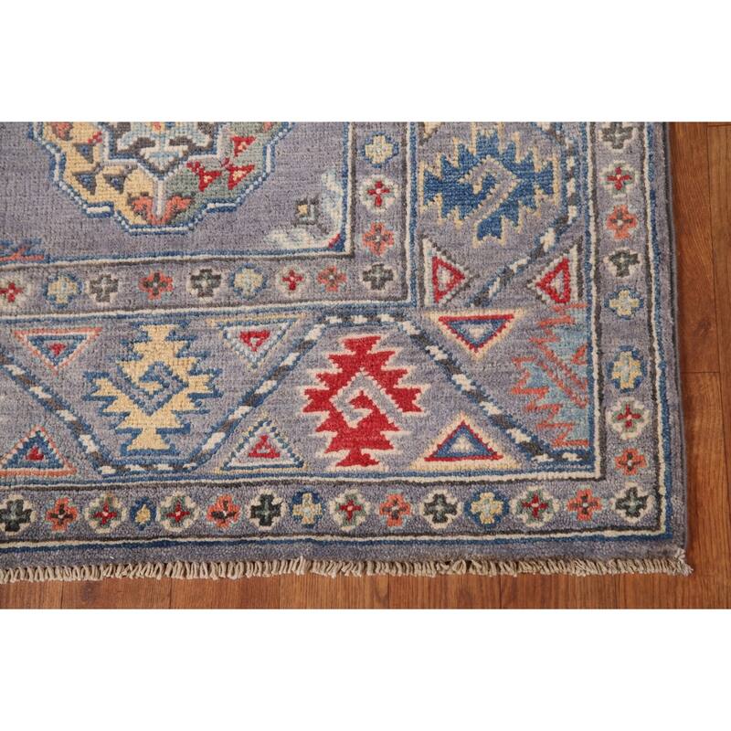 Geometric Gray Kazak Runner Rug Handmade Wool Carpet - 2'8" x 8'3"