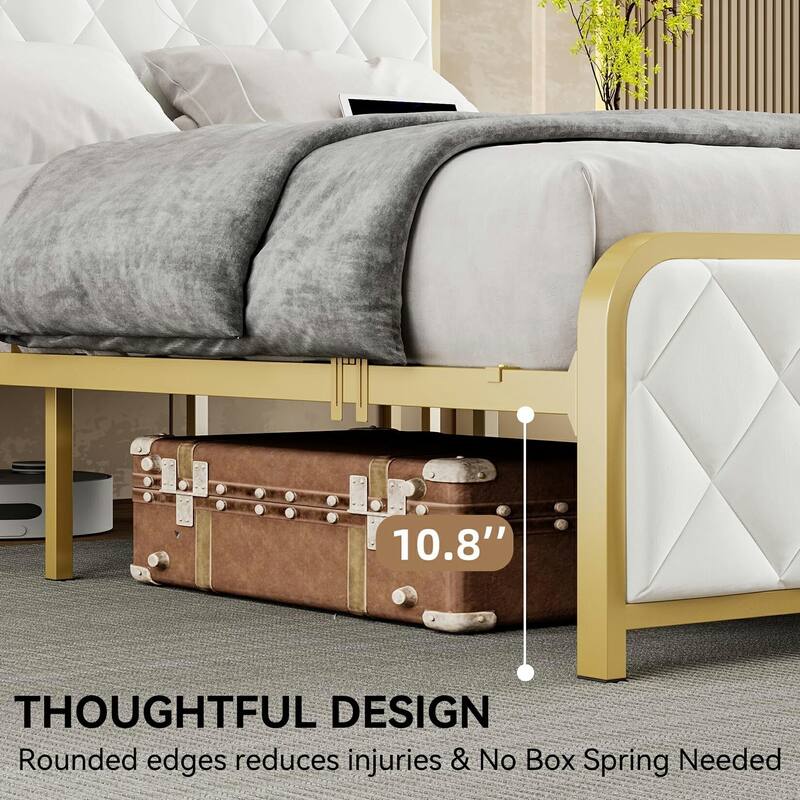 Velvet Upholstered Bed Frame with LED Light and Charging Station
