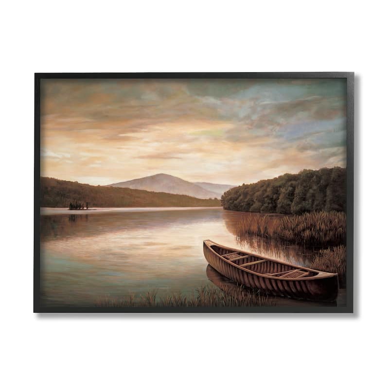 Stupell Lakeside Canoe Cloudy Sky Mountain Forest Landscape Framed Wall Art - Brown - 20 x 16 - Black