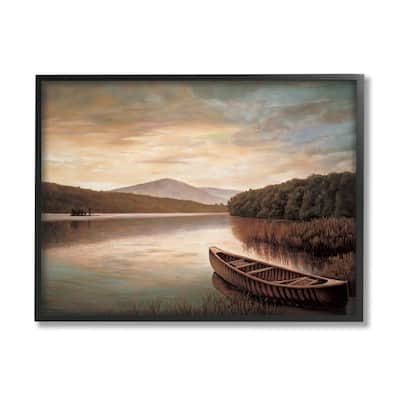 Stupell Lakeside Canoe Cloudy Sky Mountain Forest Landscape Framed Wall Art - Brown
