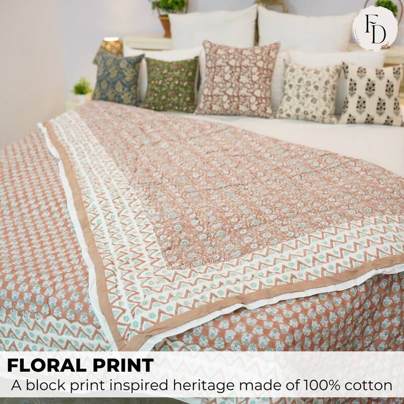 Fabdivine Green Brown Handmade Cotton Quilt Floral Traditional Block Print, Reversible Premium Bedspread, Decorative Bedding