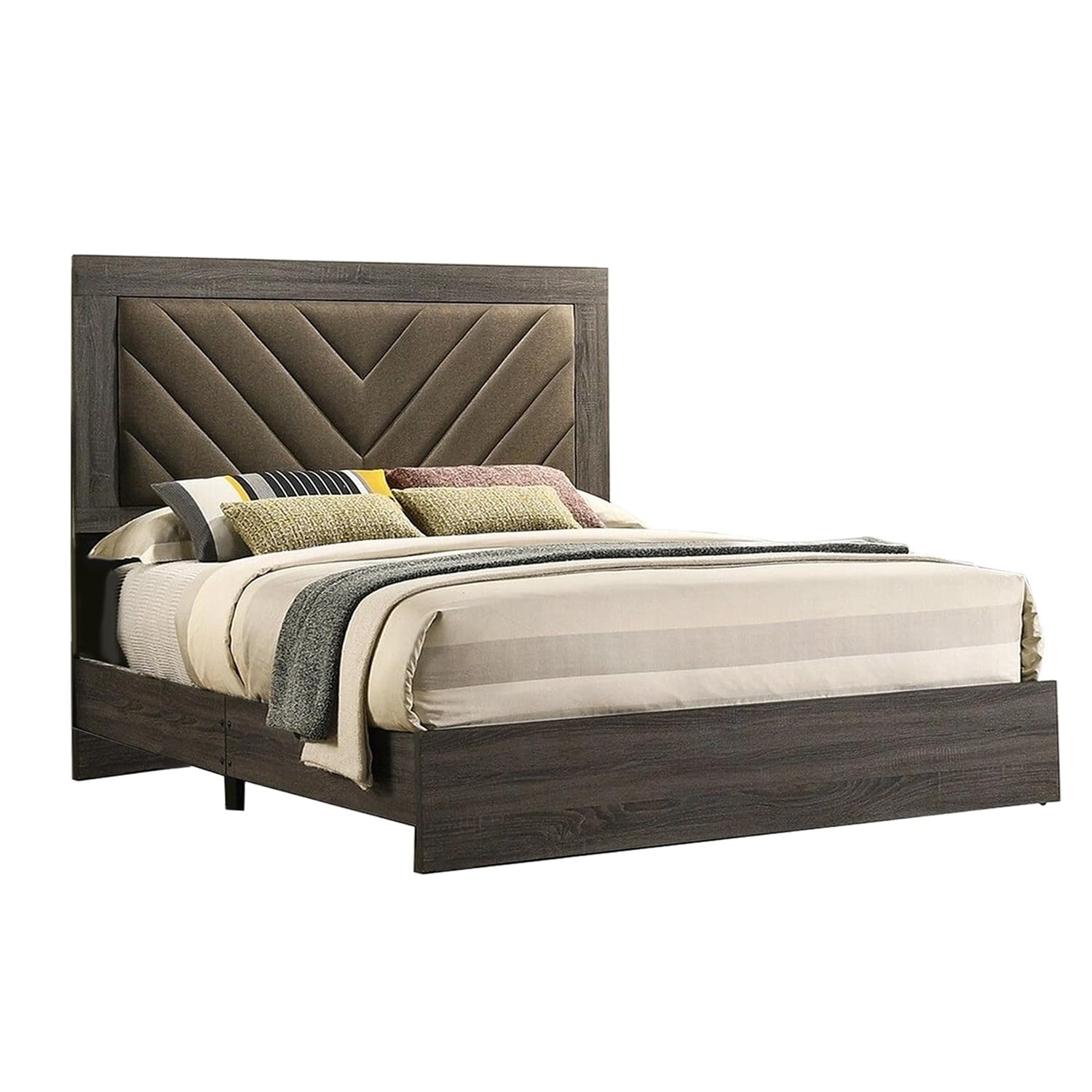 Wooden Eastern King Bed with High Upholstered Headboard
