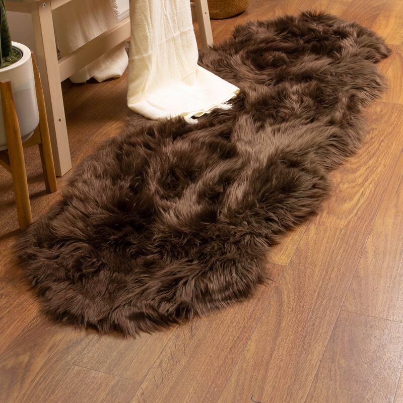 Silver Orchid Parrott Faux Fur Sheepskin Area Rug - 2' x 6' Shaped - Dark Brown