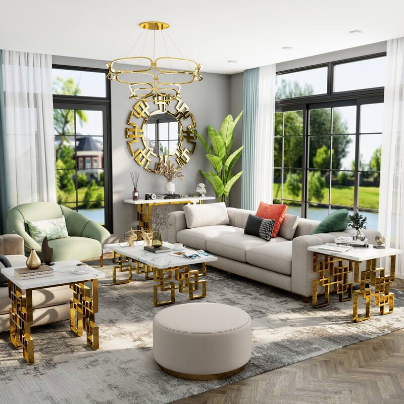 Faux Marble Coffee Table with Metal Legs for Living Room Office