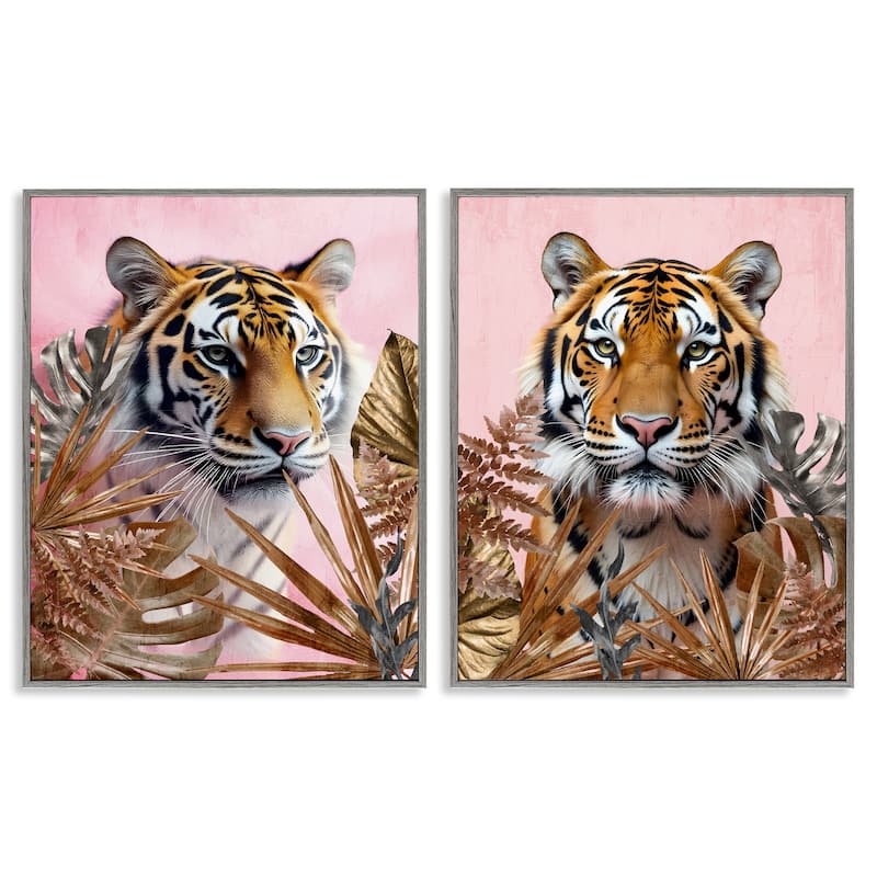 Stupell Fierce Tigers & Gold Leaves Framed Giclee Art Design By Kim Allen (Set of 2) - 24 x 30 - Grey