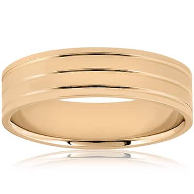 6mm Flat Yellow Gold Wedding Band Mens High Polished Ring