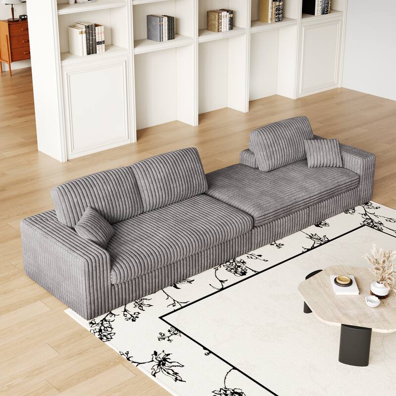 L-Shaped Sectional Sofa with Chaise Lounge, Corduroy Modular Foam Sofa, Upholstered Sofa with 2 Cushion & 2 Throw Pillows