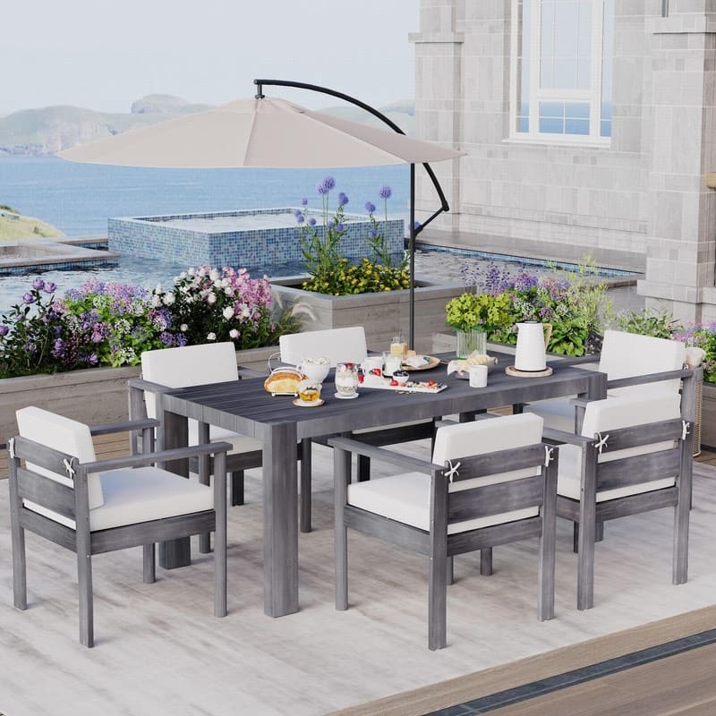 Acacia Wood 7-Piece Outdoor Dining Table Set with Chairs and Removable Cushions for Gatherings
