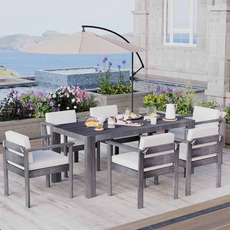Acacia Wood 7-Piece Outdoor Dining Table Set with Chairs and Removable Cushions for Gatherings