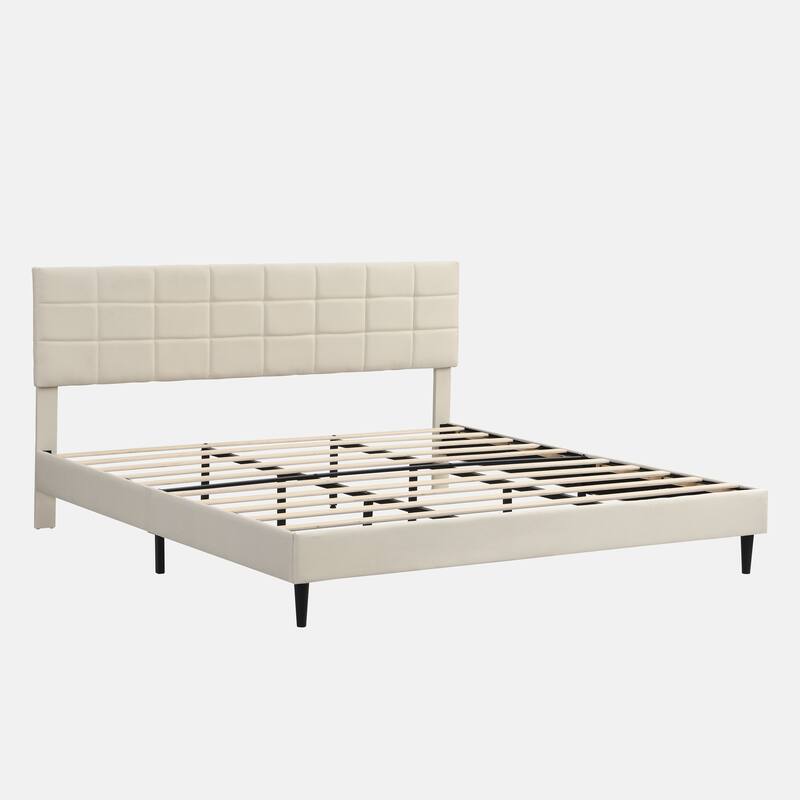 Platform Bed Frame with Fabric Upholstered Headboard and Wooden Slats