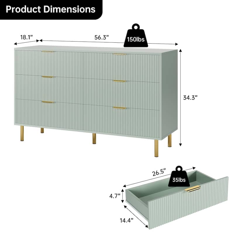 6 Drawer Dresser for Bedroom with Gold Handles, Modern Wooden Chest of Drawers