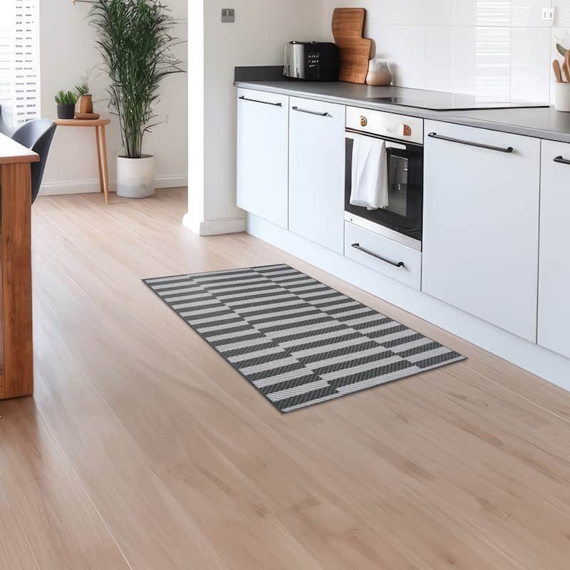 My Magic Carpet Tratti Offset Stripe Black Cream Machine Washable Rug