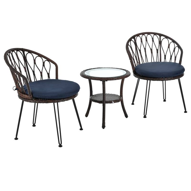Outdoor Leisure Set, 2 Rattan Single Chairs with A Glass Round Table