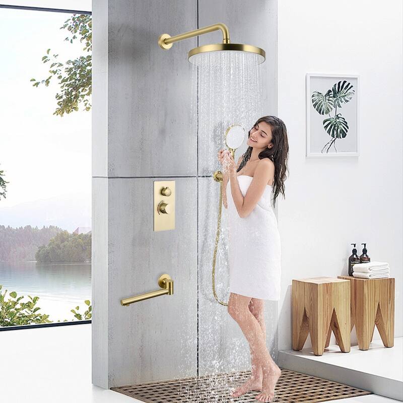 Luxury 3-Function Shower System Set - Solid Brass Control Valve, 10" Overhead Shower, 3-Spray Handheld