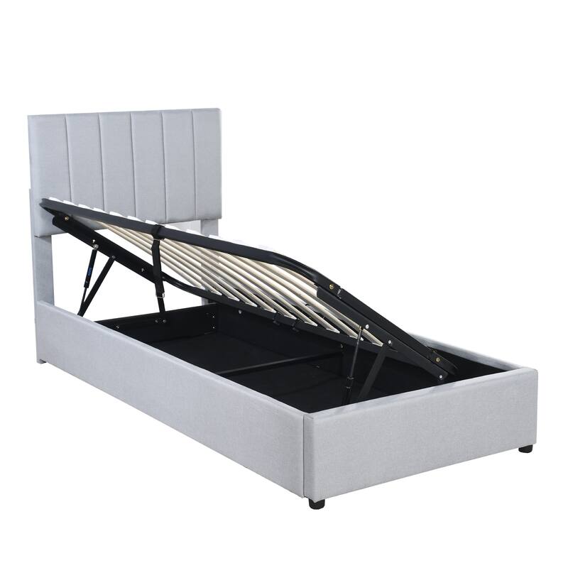 Twin Platform Bed with Hydraulic Lift, Stripe Headboard & Storage
