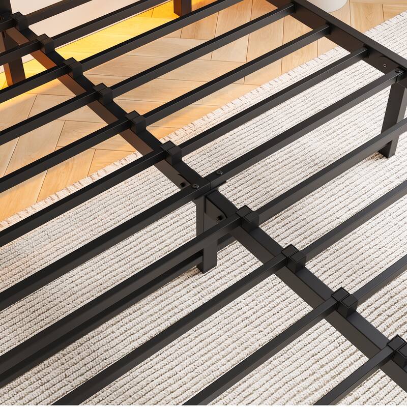 Full Size Bed Frame with RGB, Charging Station, Wood Storage Headboard, Metal Platform Bed with Heavy Duty Slats Support