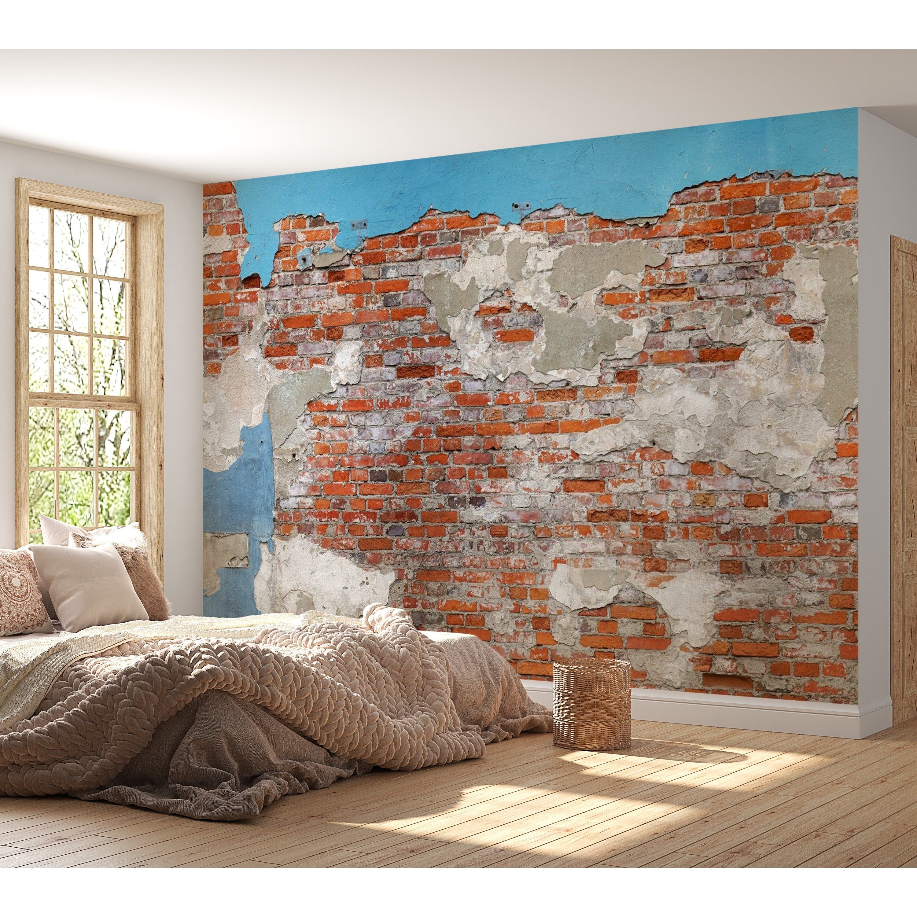 blue and orange brick wallpaper