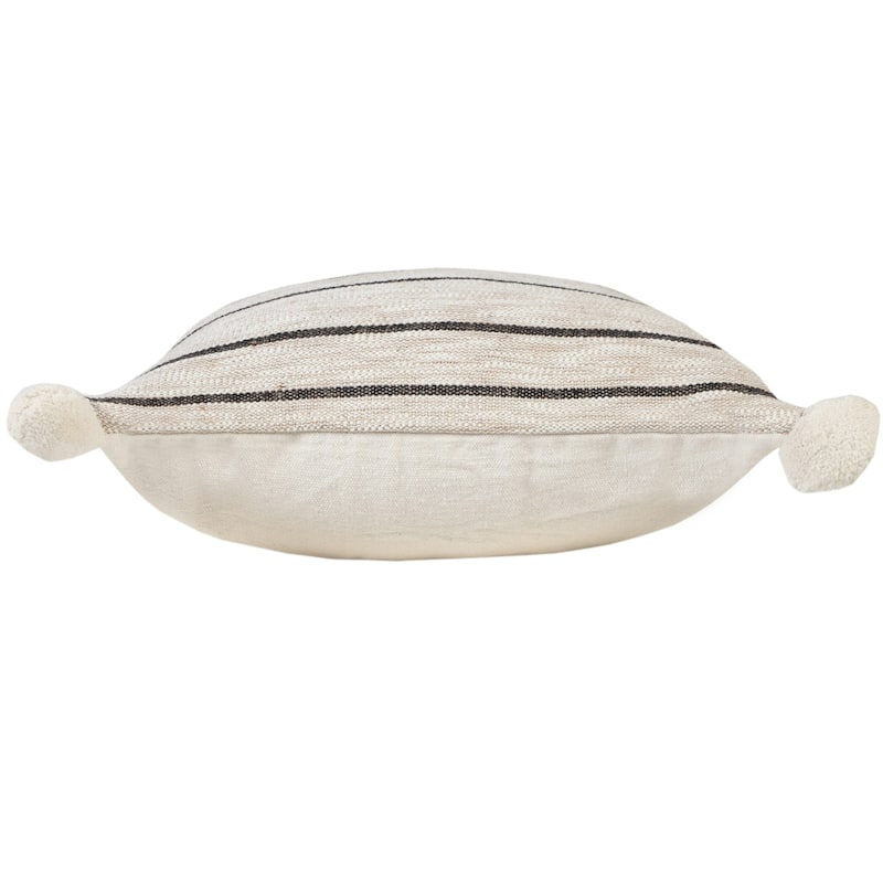 Handwoven Striped Square Throw Pillow Cover with Pom Poms - 20" - Cream and Black