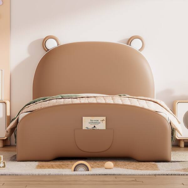 slide 2 of 16, Twin Size Upholstered Platform Bed with Bear-Shaped Headboard and Footboard, Storage Pocket Design Brown