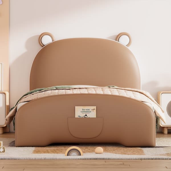 slide 2 of 8, Twin Size Upholstered Platform Bed with Bear-shaped Headboard and Footboard, White+Brown Pink
