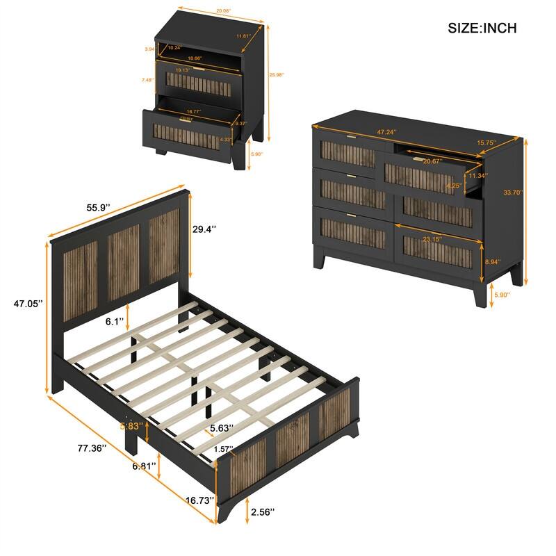 4-Pieces Bedroom Sets, Full/Queen Size Platform Bed with Wooden Strip Decoration, 2 Storage Nightstands and Dresser