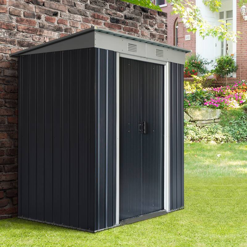 Outsunny 6' x 3.6' Steel Frame Backyard Garden Tool Storage Shed with 2 Air Vents and Dual Locking Doors - 6' x 4' - Black