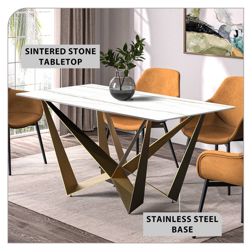 Nuvor Rectangular Sintered Stone or Glass Tabletop Dining Table with Powder-Coated Gold Steel Base for Kitchens & Dining Rooms