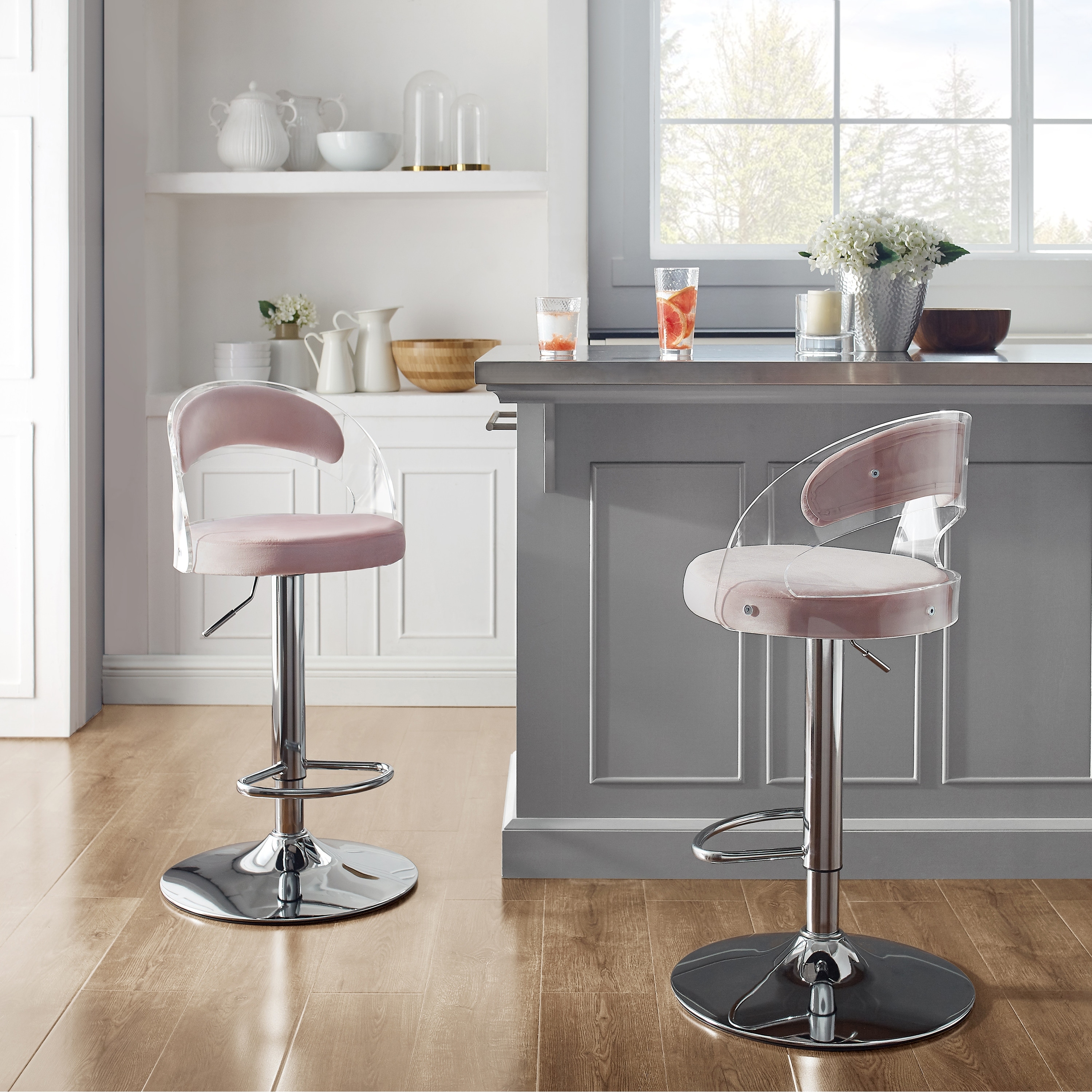 Art Leon Elegant Pink Velvet Stool with Clear Acrylic Back N A