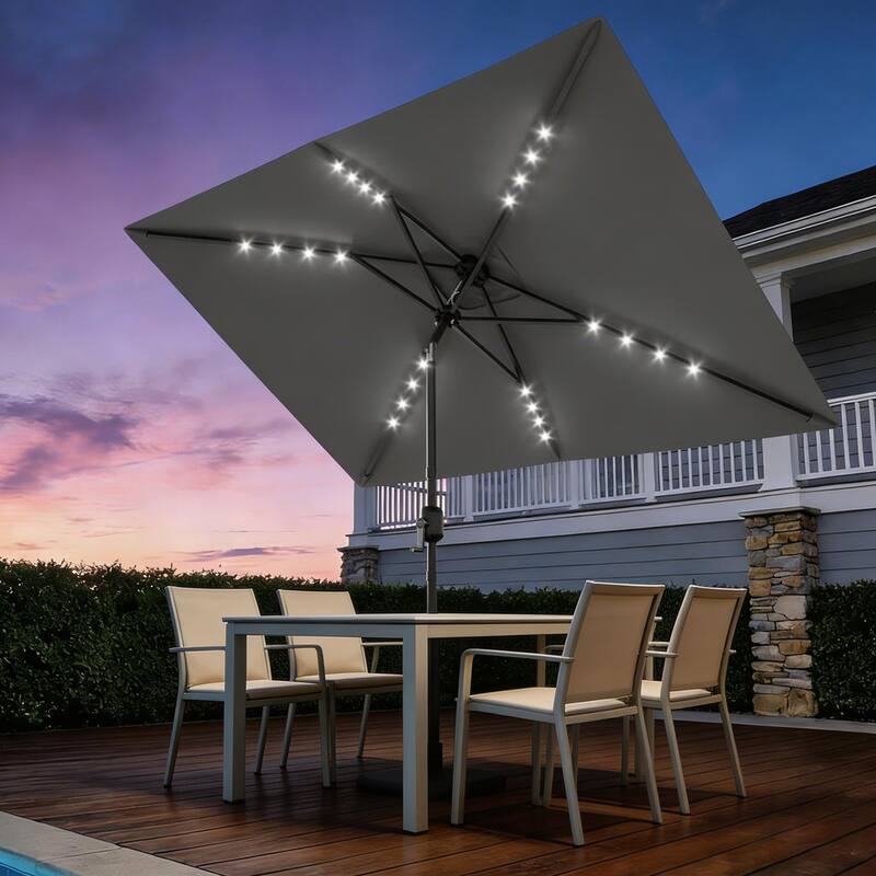 10 x 6.5 ft Solar Rectangular Patio Umbrella, with LED Lights - Grey