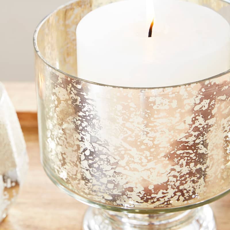 Glass Handmade Turned Style Pillar Hurricane Lamp with Faux Mercury Glass Finish - Silver - Roche River Decor