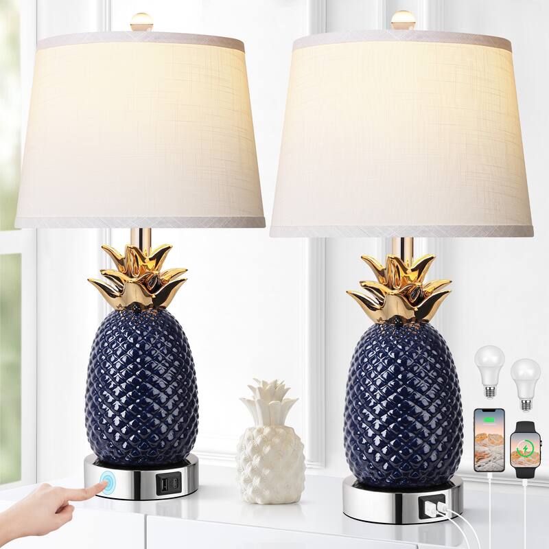 3 Way Dimmable Ceramic Table Lamp with USB Port, Tall Coastal Table Lamps (Set of 2)