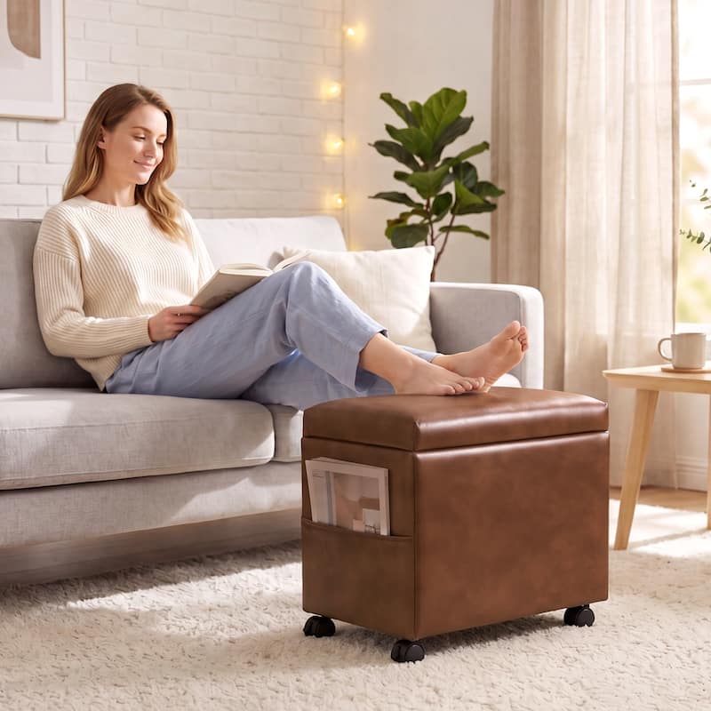 Adeco 16" W Upholstered Rectangle Storage Ottoman with Tray and Pocket