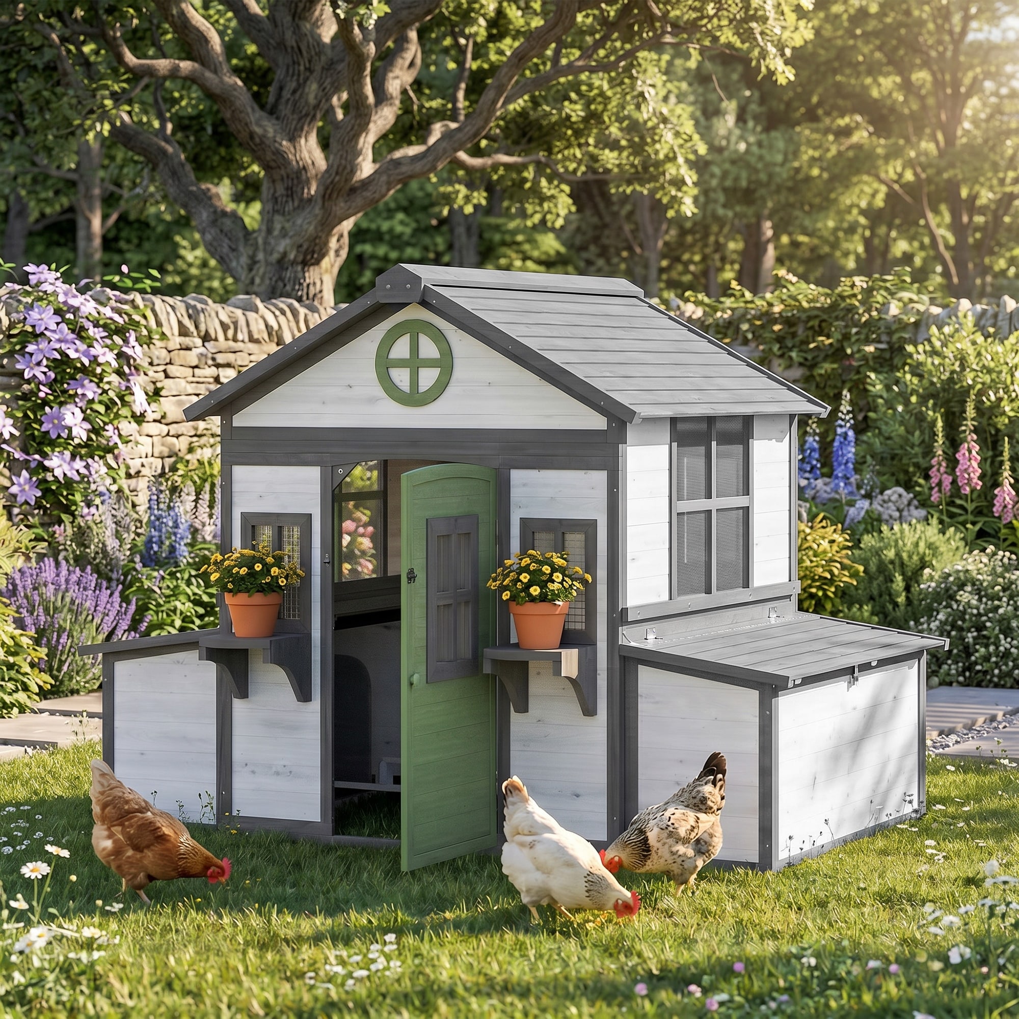 PawHut Gray 72" Wooden Chicken Coop Playhouse with 2 Nesting Boxes