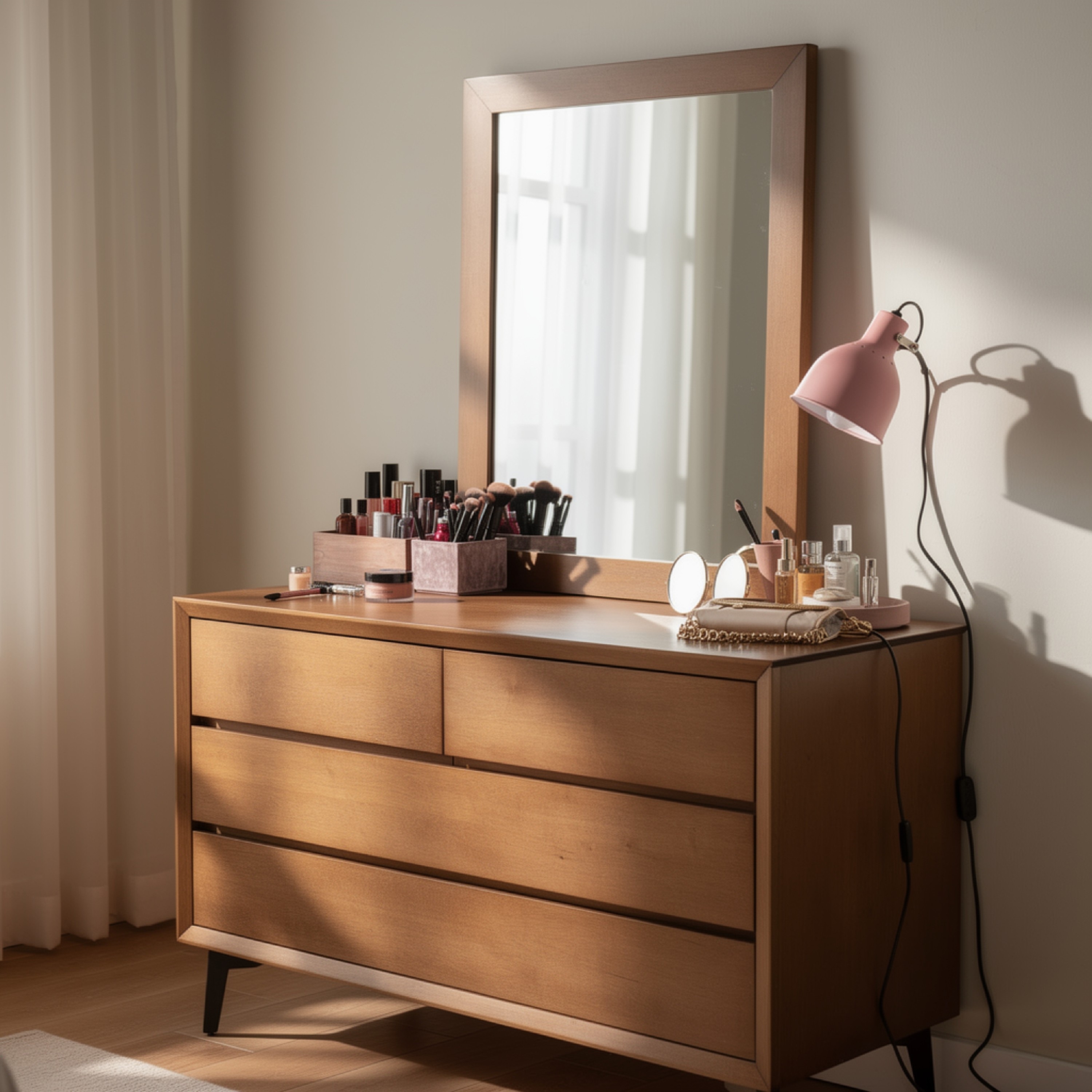 Roma Dresser Mirror, 39 Inch Rectangular Frame, Walnut Brown Solid Wood - Walnut Brown