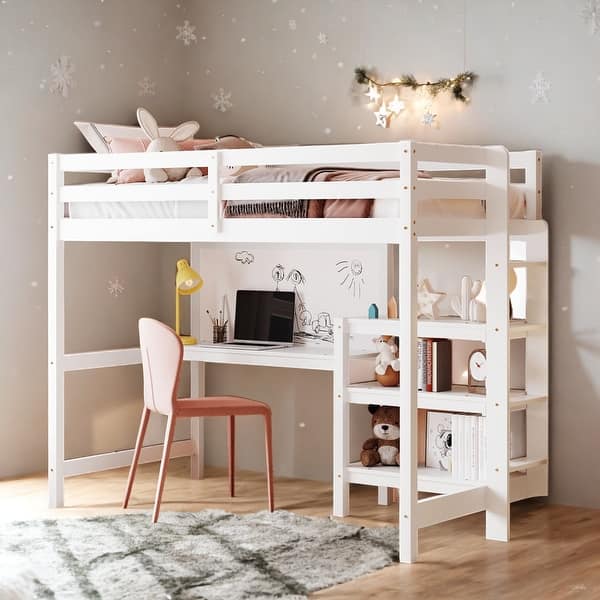 slide 2 of 29, Twin Size Wooden Loft Bed with Shelves, Desk and Writing Board,Multi-Functional Children's Wooden Loft Bed White